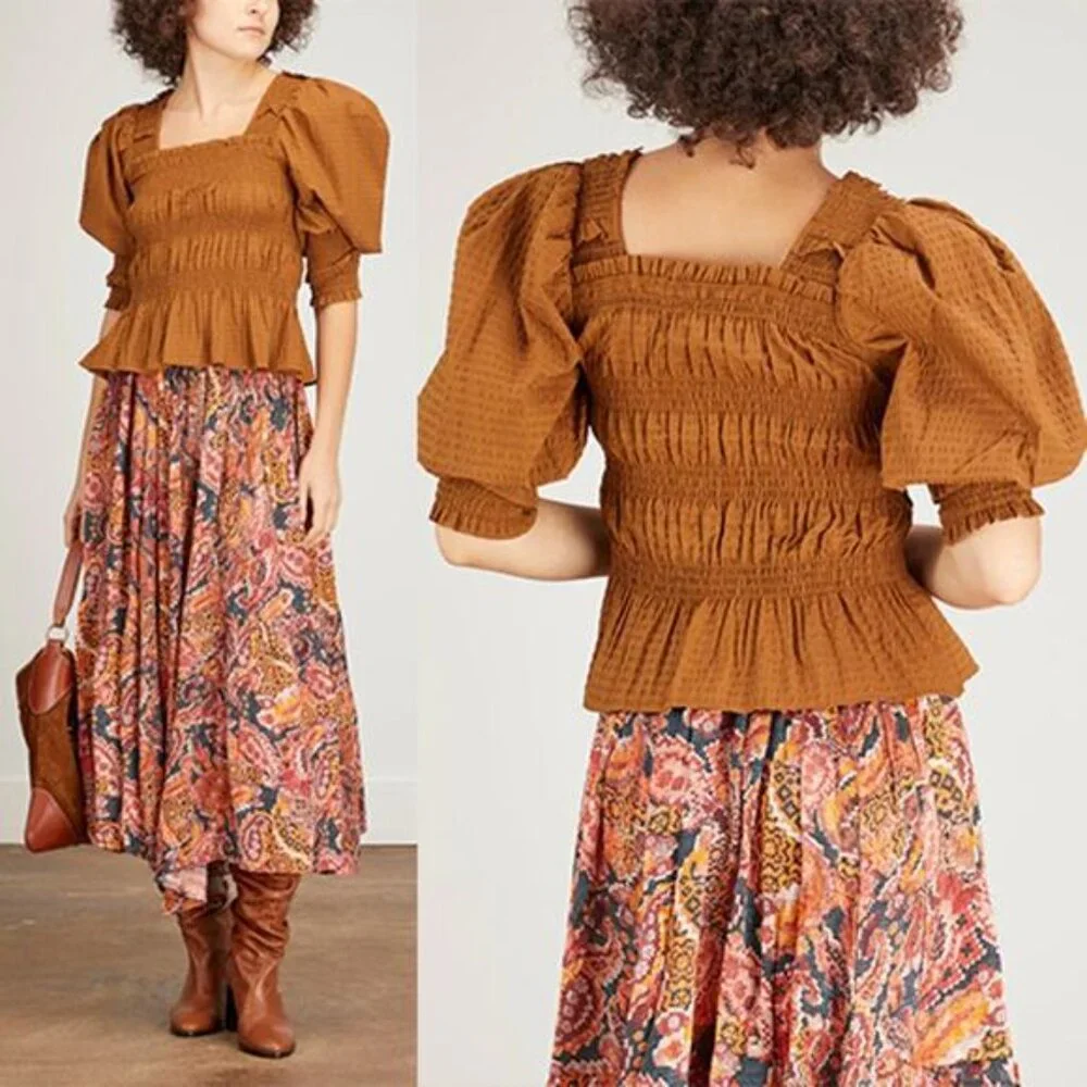 Sea New York Sevyn Solid Seersucker Long Sleeve Smocked Top Brown Size: XS NWOT